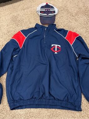 Vintage Minnesota Twins MLB Quarter Zip Windbreaker Jacket Size L W/ HAT!